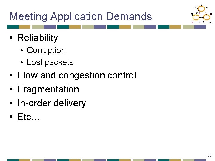 Meeting Application Demands • Reliability • Corruption • Lost packets • • Flow and
