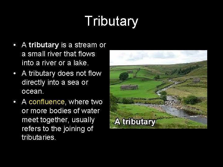 Tributary • A tributary is a stream or a small river that flows into