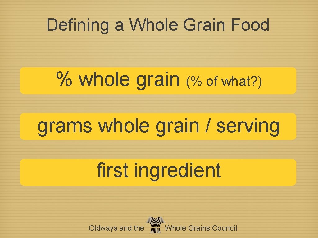 Defining a Whole Grain Food % whole grain (% of what? ) grams whole