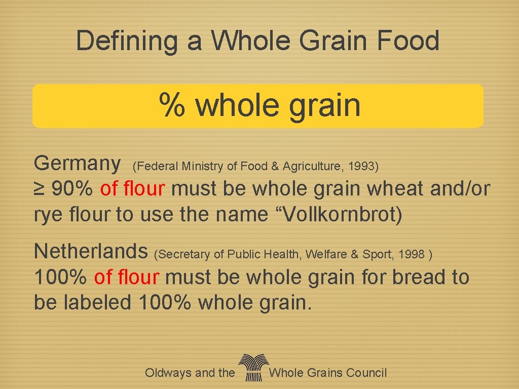 Defining a Whole Grain Food % whole grain Germany (Federal Ministry of Food &
