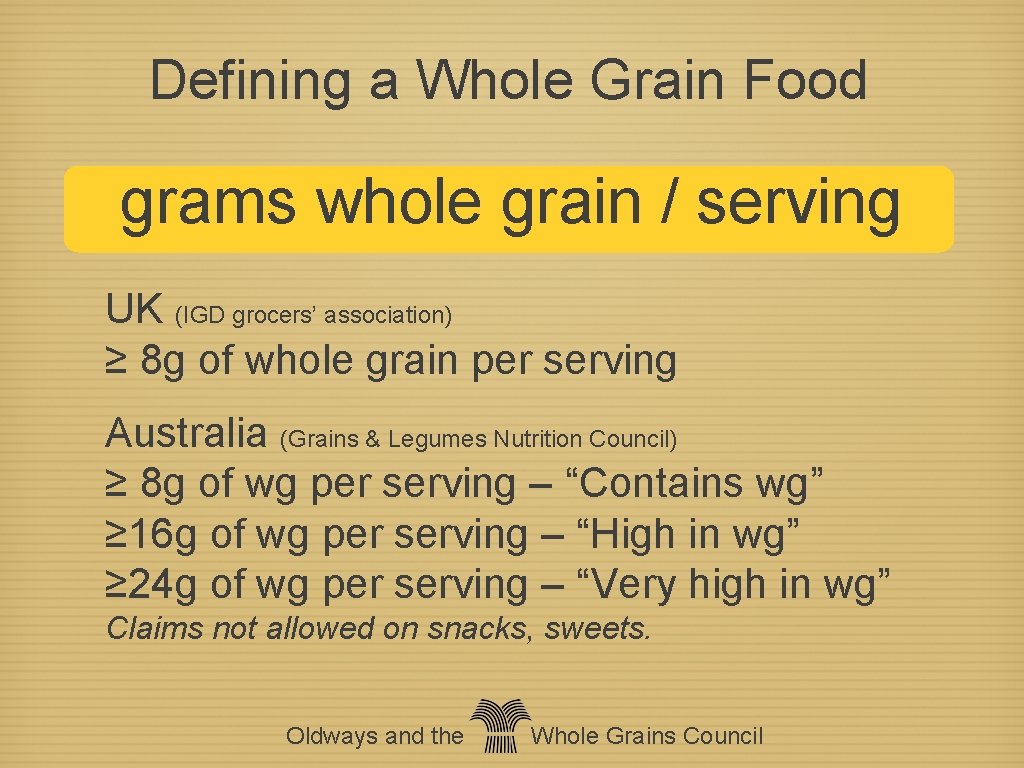 Defining a Whole Grain Food grams whole grain / serving UK (IGD grocers’ association)