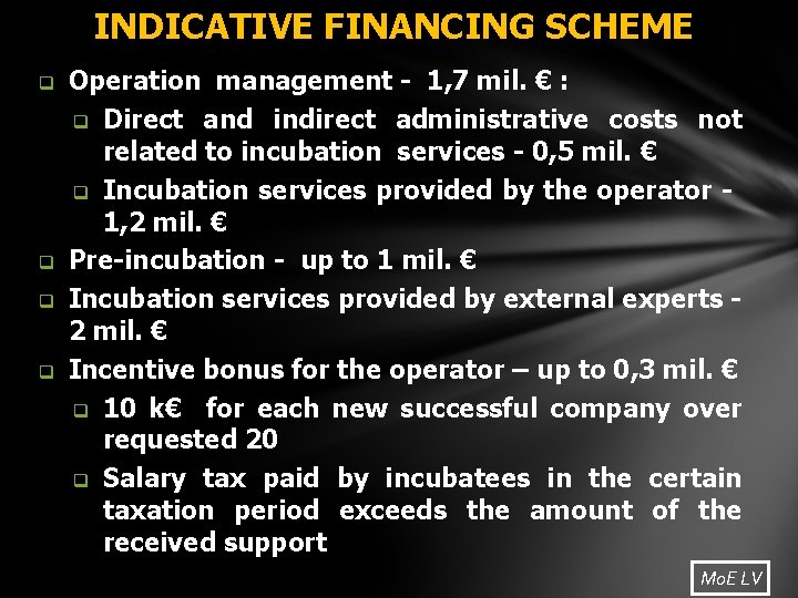 INDICATIVE FINANCING SCHEME q q Operation management - 1, 7 mil. € : q