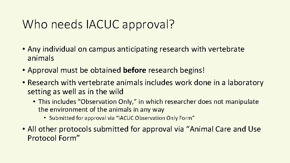 Who needs IACUC approval? • Any individual on campus anticipating research with vertebrate animals