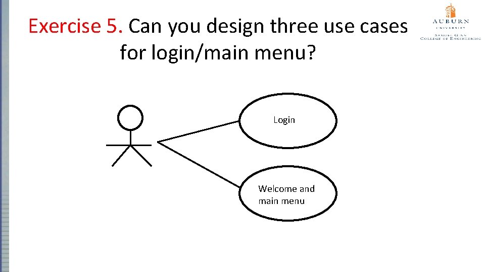 Exercise 5. Can you design three use cases for login/main menu? Login Welcome and