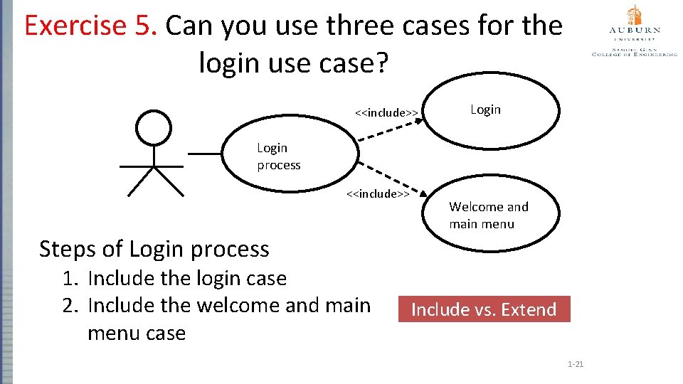 Exercise 5. Can you use three cases for the login use case? <<include>> Login