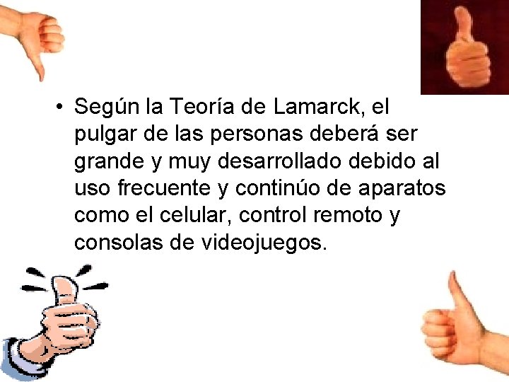  • Según la Teoría de Lamarck, el pulgar de las personas deberá ser