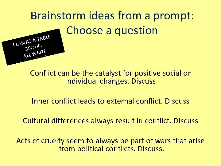 Brainstorm ideas from a prompt: Choose a question BLE TA A S A PLAN Brainstorm ideas from a prompt: Choose a question BLE TA A S A PLAN