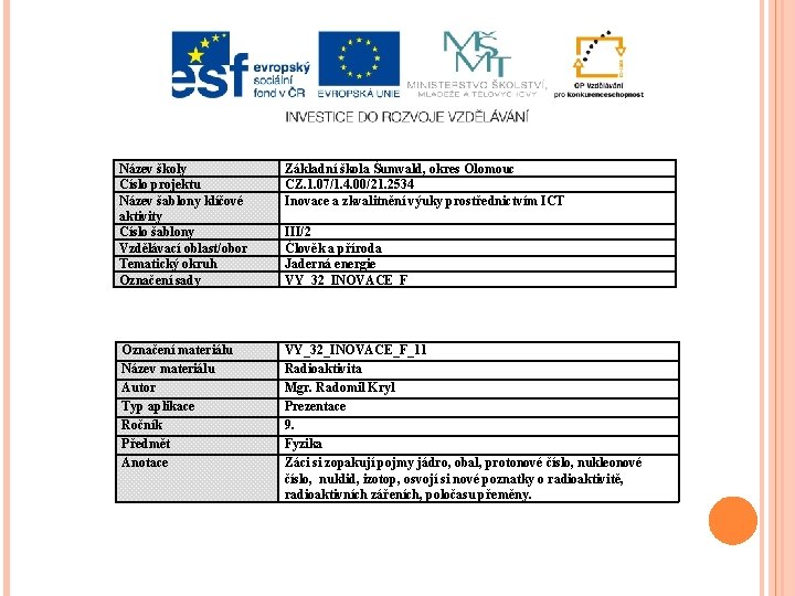 Název školy Číslo projektu Název šablony klíčové aktivity Číslo šablony Vzdělávací oblast/obor Tematický okruh