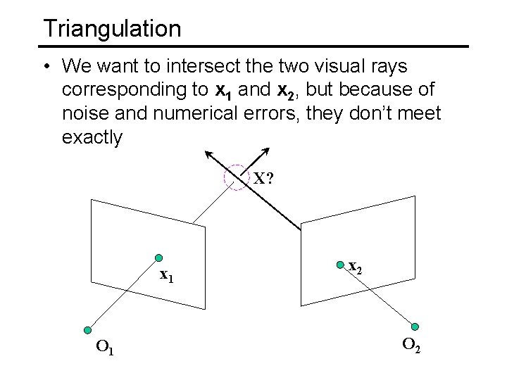 Triangulation • We want to intersect the two visual rays corresponding to x 1