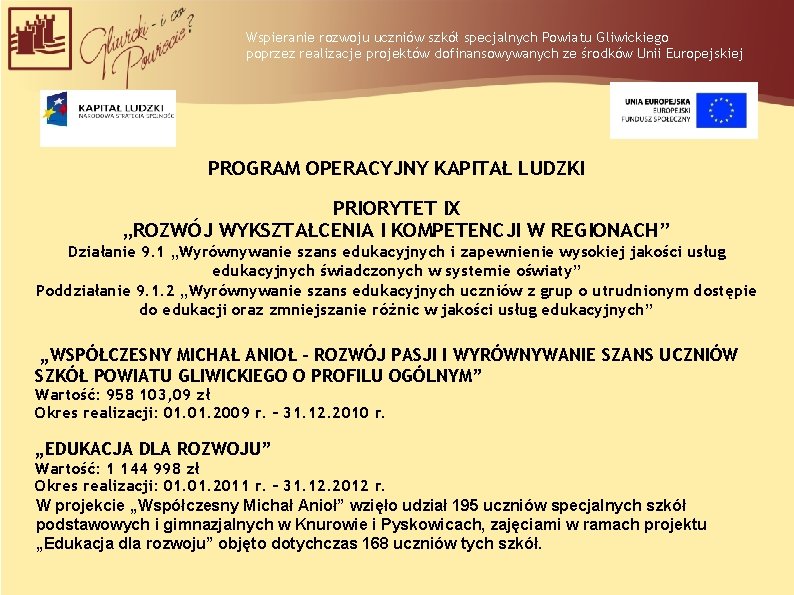 Wspieranie rozwoju uczniów szkół specjalnych Powiatu Gliwickiego poprzez realizacje projektów dofinansowywanych ze środków Unii