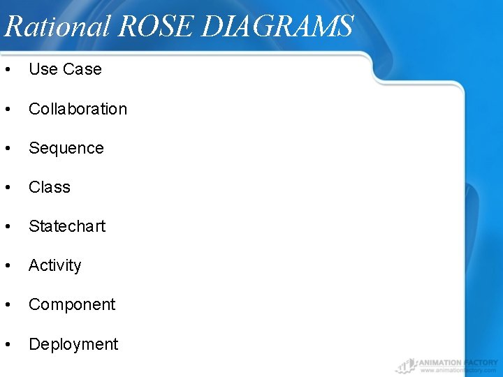 Rational ROSE DIAGRAMS • Use Case • Collaboration • Sequence • Class • Statechart