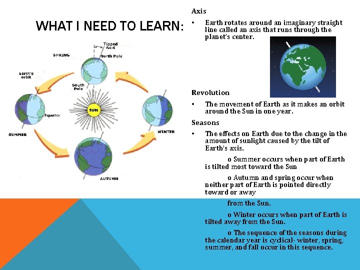 WHAT I NEED TO LEARN: Axis • Earth rotates around an imaginary straight line