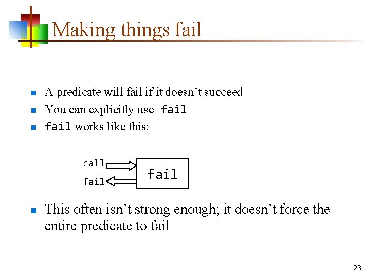 Making things fail n n n A predicate will fail if it doesn’t succeed