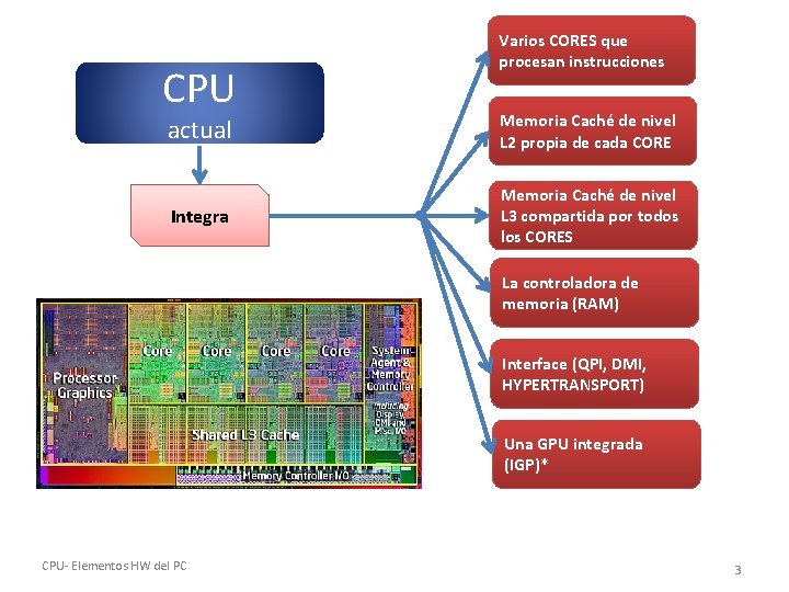 CPU Varios CORES que procesan instrucciones actual Memoria Caché de nivel L 2 propia