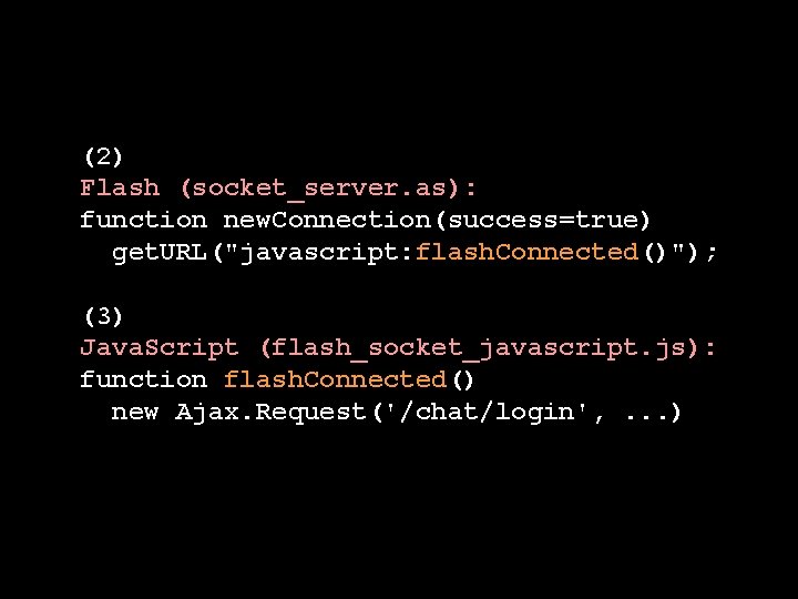 (2) Flash (socket_server. as): function new. Connection(success=true) get. URL("javascript: flash. Connected()"); (3) Java. Script