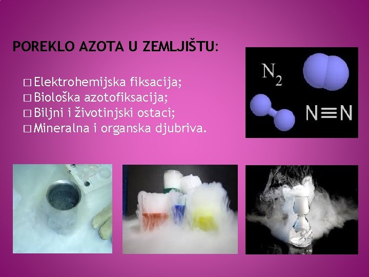 POREKLO AZOTA U ZEMLJIŠTU: � Elektrohemijska fiksacija; � Biološka azotofiksacija; � Biljni i životinjski