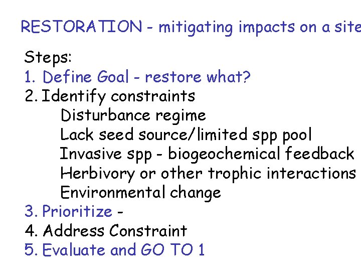 RESTORATION - mitigating impacts on a site Steps: 1. Define Goal - restore what?