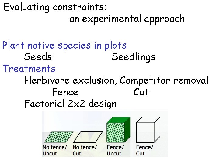 Evaluating constraints: an experimental approach Plant native species in plots Seedlings Treatments Herbivore exclusion,