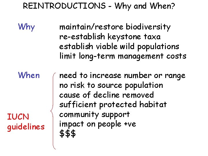 REINTRODUCTIONS - Why and When? Why maintain/restore biodiversity re-establish keystone taxa establish viable wild