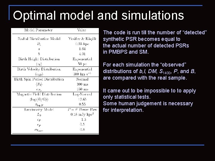 Optimal model and simulations The code is run till the number of “detected” synthetic