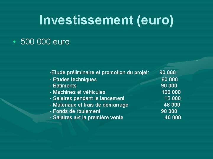 Investissement (euro) • 500 000 euro -Etude préliminaire et promotion du projet: - Etudes
