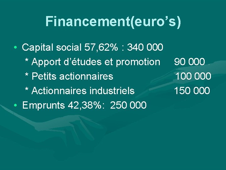 Financement(euro’s) • Capital social 57, 62% : 340 000 * Apport d’études et promotion