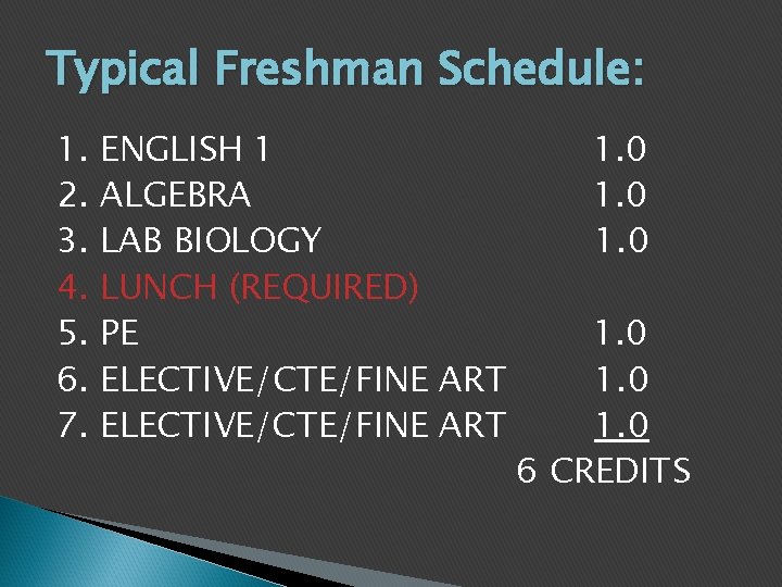 Typical Freshman Schedule: 1. 2. 3. 4. 5. 6. 7. ENGLISH 1 ALGEBRA LAB