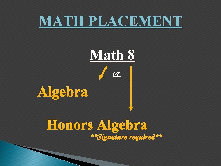 MATH PLACEMENT Math 8 or Algebra Honors Algebra **Signature required** 