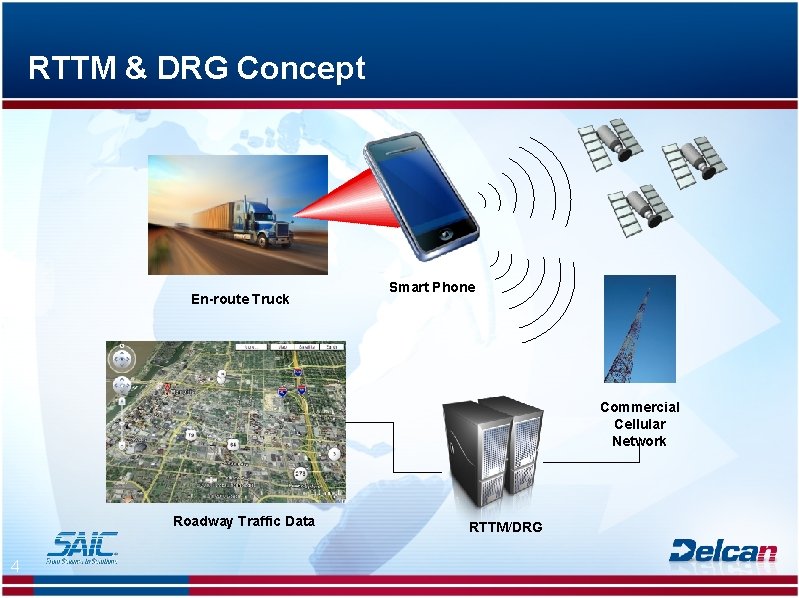 RTTM & DRG Concept En-route Truck Smart Phone Commercial Cellular Network Roadway Traffic Data