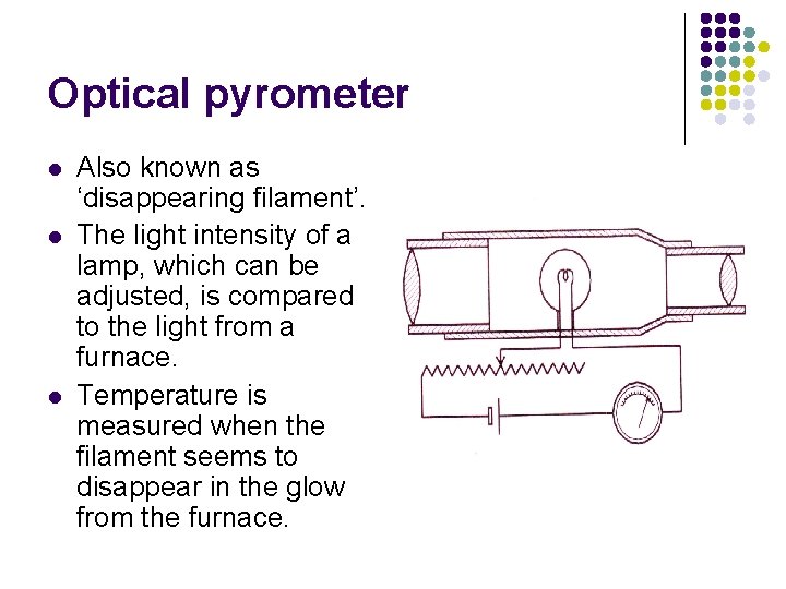 Optical pyrometer l l l Also known as ‘disappearing filament’. The light intensity of