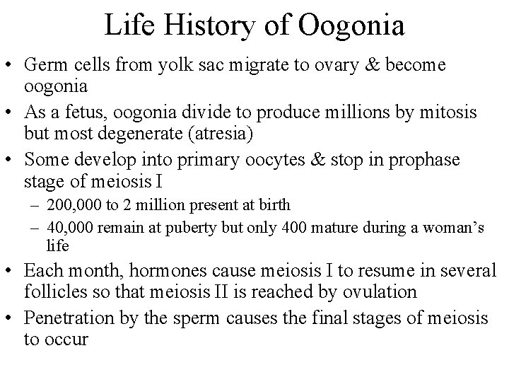 Life History of Oogonia • Germ cells from yolk sac migrate to ovary &