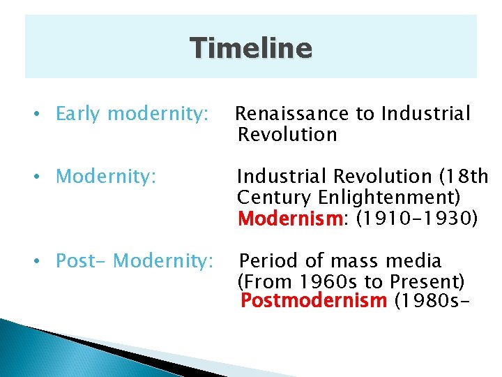 Timeline • Early modernity: Renaissance to Industrial Revolution • Modernity: Industrial Revolution (18 th