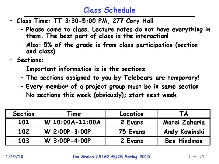 Class Schedule • Class Time: TT 3: 30 -5: 00 PM, 277 Cory Hall