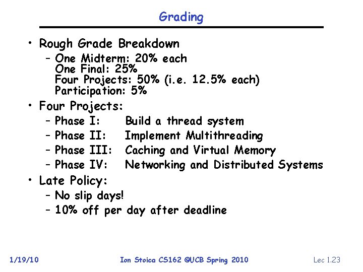 Grading • Rough Grade Breakdown – One Midterm: 20% each One Final: 25% Four