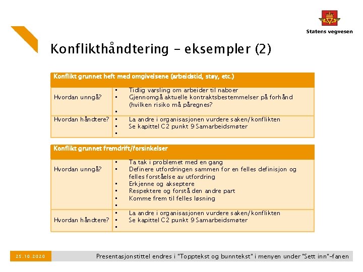Konflikthåndtering – eksempler (2) Konflikt grunnet heft med omgivelsene (arbeidstid, støy, etc. ) Hvordan Konflikthåndtering – eksempler (2) Konflikt grunnet heft med omgivelsene (arbeidstid, støy, etc. ) Hvordan