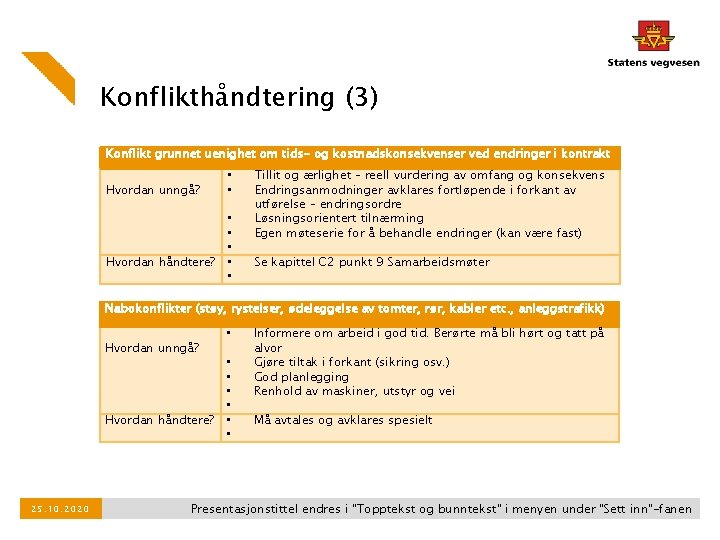 Konflikthåndtering (3) Konflikt grunnet uenighet om tids- og kostnadskonsekvenser ved endringer i kontrakt Hvordan Konflikthåndtering (3) Konflikt grunnet uenighet om tids- og kostnadskonsekvenser ved endringer i kontrakt Hvordan