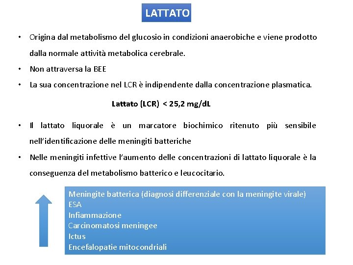 LATTATO • Origina dal metabolismo del glucosio in condizioni anaerobiche e viene prodotto dalla