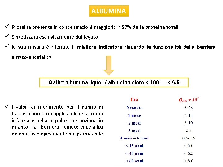 ALBUMINA ü Proteina presente in concentrazioni maggiori: ~ 57% delle proteine totali ü Sintetizzata