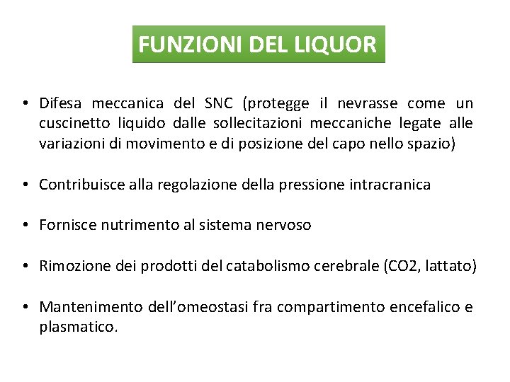 FUNZIONI DEL LIQUOR • Difesa meccanica del SNC (protegge il nevrasse come un cuscinetto