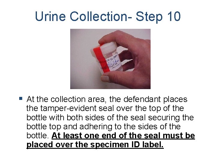 Urine Collection- Step 10 § At the collection area, the defendant places the tamper-evident