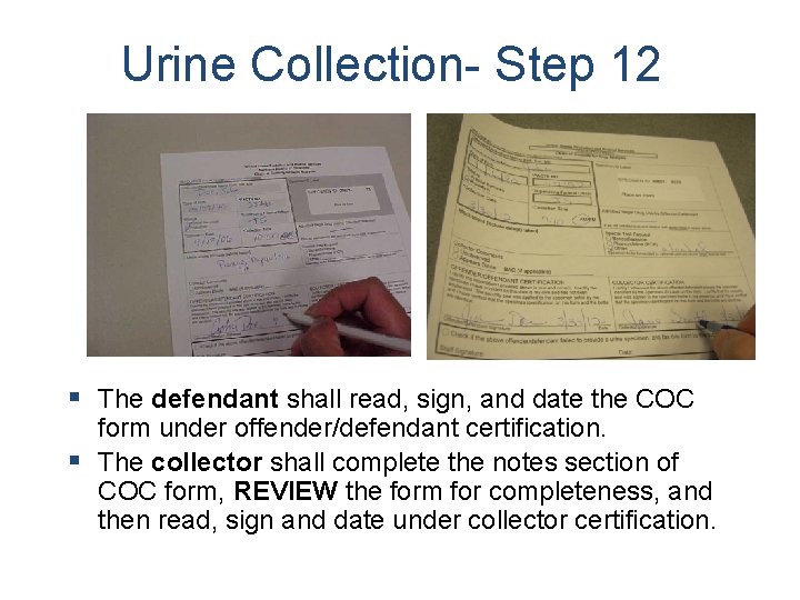 Urine Collection- Step 12 § The defendant shall read, sign, and date the COC