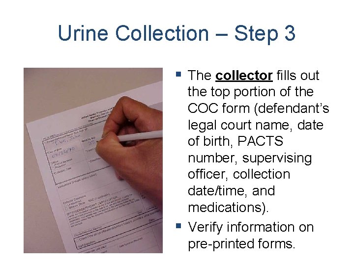 Urine Collection – Step 3 § The collector fills out the top portion of