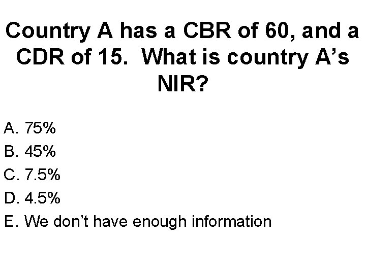 Country A has a CBR of 60, and a CDR of 15. What is