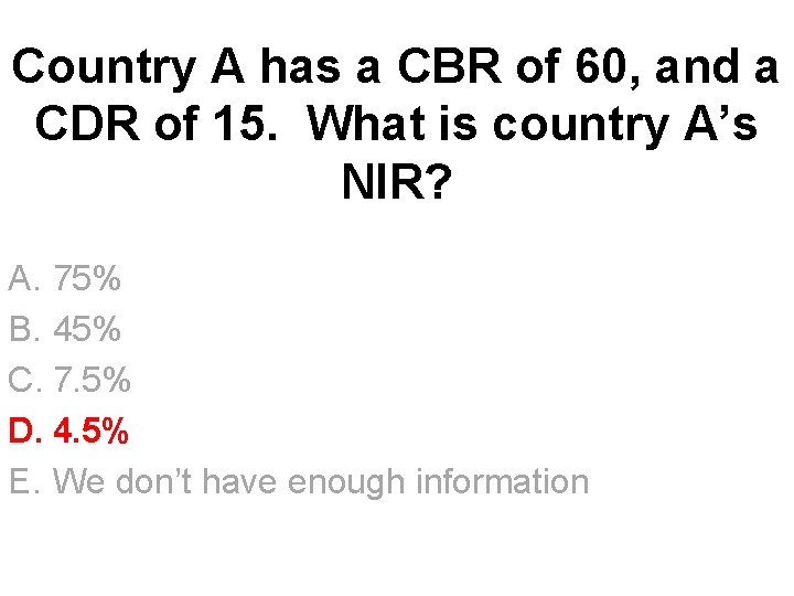 Country A has a CBR of 60, and a CDR of 15. What is