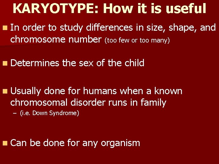 KARYOTYPE: How it is useful n In order to study differences in size, shape,