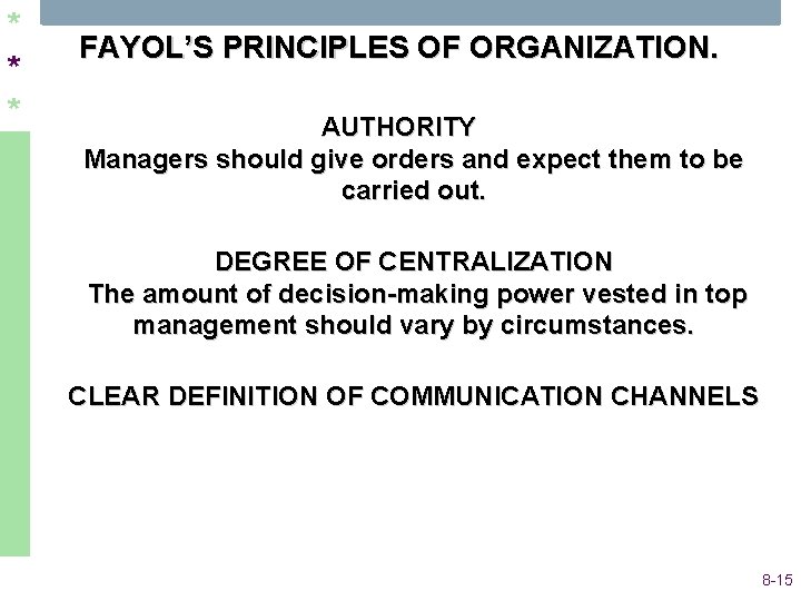* * * FAYOL’S PRINCIPLES OF ORGANIZATION. AUTHORITY Managers should give orders and expect * * * FAYOL’S PRINCIPLES OF ORGANIZATION. AUTHORITY Managers should give orders and expect