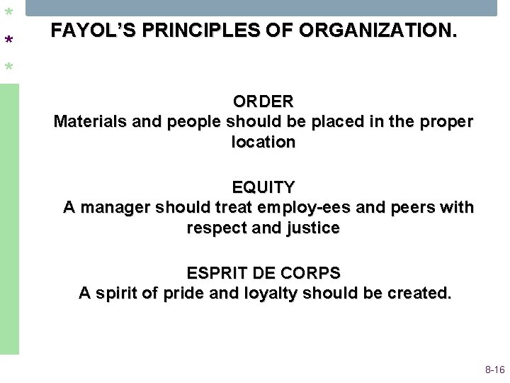 * * * FAYOL’S PRINCIPLES OF ORGANIZATION. ORDER Materials and people should be placed * * * FAYOL’S PRINCIPLES OF ORGANIZATION. ORDER Materials and people should be placed