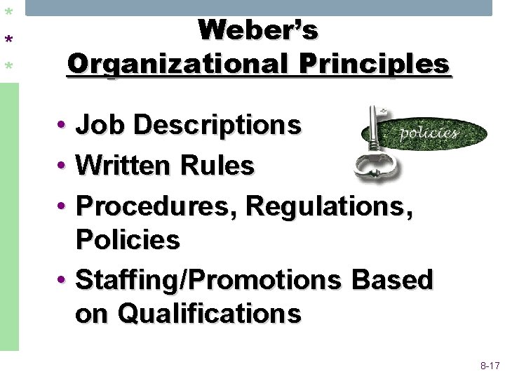 * * * Weber’s Organizational Principles • Job Descriptions • Written Rules • Procedures, * * * Weber’s Organizational Principles • Job Descriptions • Written Rules • Procedures,