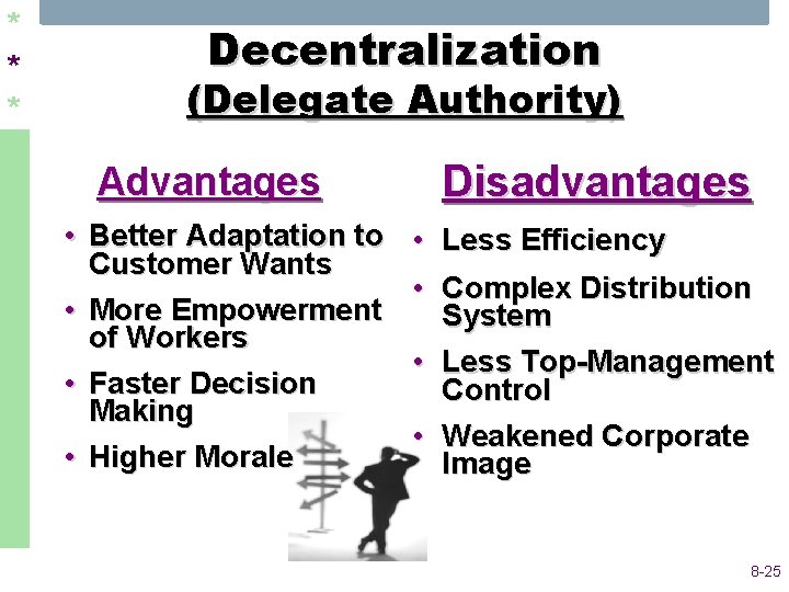 * * * Decentralization (Delegate Authority) Advantages • Better Adaptation to • Customer Wants * * * Decentralization (Delegate Authority) Advantages • Better Adaptation to • Customer Wants