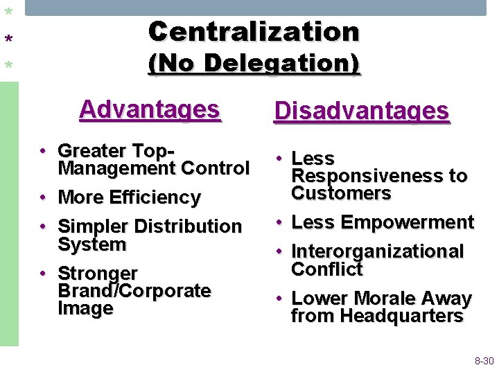 * * * Centralization (No Delegation) Advantages • Greater Top Management Control • More * * * Centralization (No Delegation) Advantages • Greater Top Management Control • More
